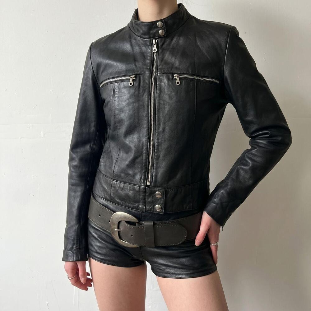 Fitted Black Leather Moto Jacket Indie Sleaze Tumblr - Picture 3 of 8